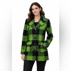 Billabong Buffalo Plaid Pea Coat Green Black Wool Blend Jacket M